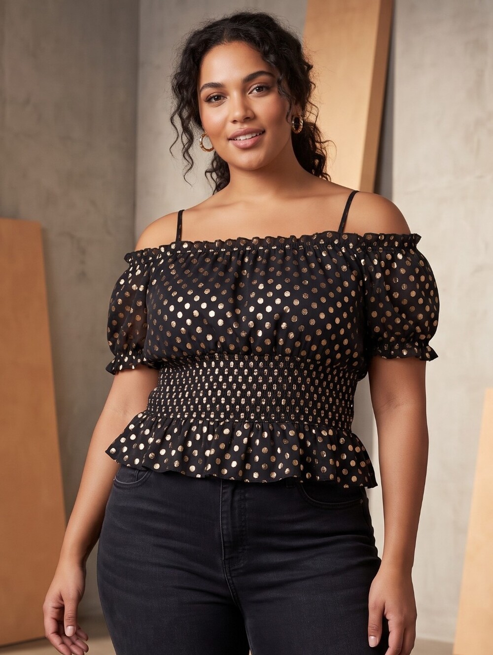 VENUS Black Off-Shoulder Smocked Peplum Top with Gold Polka Dots
